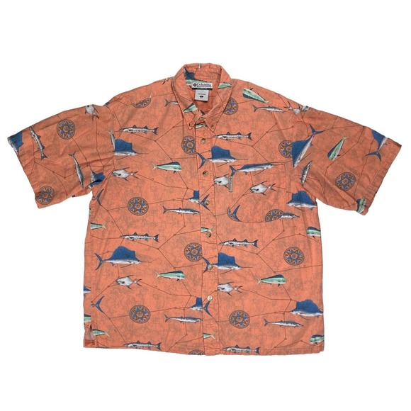 COLUMBIA Large Shirt Fish Print Button-Up Short Sleeve orange Sailfish Barracuda - Picture 1 of 9